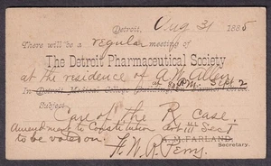 1885 Postkarte Detroit Pharmaceutical Society Treffen / Re The RX Case - Bild 1 von 2