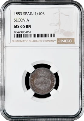 Spain 1/10 real 1853, NGC MS65 BN, "Queen Isabel II (1847 - 1864)" Top Pop - Image 1 of 2