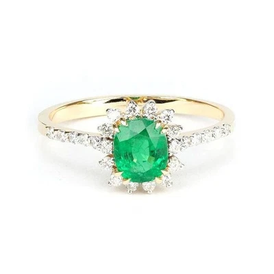 Natürlicher Smaragd Und Diamanten Edelstein Halo Verlobungsring 14k Gelbgold - Bild 1 von 4