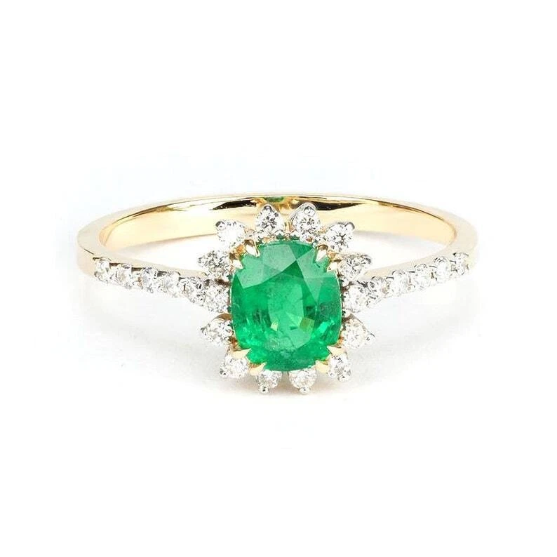 Natürlicher Smaragd Und Diamanten Edelstein Halo Verlobungsring 14k Gelbgold - Bild 1 von 4