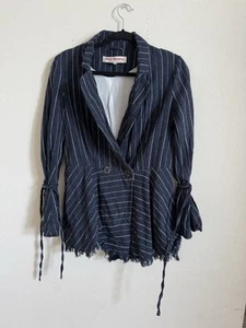 Free People Navy Linen Jacket Stella Blazer Double Breast Fray Hem Stripe XS - Picture 1 of 5