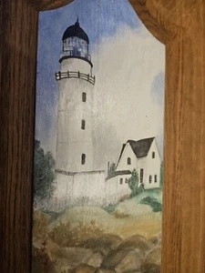 VINTAGE PRIMITIVE FOLK ART PAINTED LIGHTHOUSE ON OLDER WOOD PANEL LATER 1900'S - Picture 1 of 18