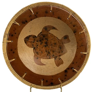 Turtle Design Redware Pottery Basket Weave Edge Trim Collector Bowl 10.62 in - Picture 1 of 13