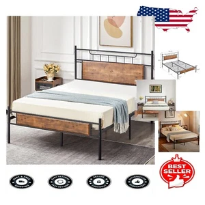 Rustic Brown Full Size Bed Frame with Strong Metal Slats and Wood Headboard - Picture 1 of 9