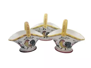 PY Early Provincial Rooster And Roses Ucago Baskets Three 1950's Hand Painted - Picture 1 of 12