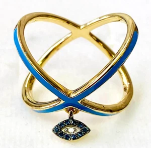 HSN Rarities Diamond & Blue Enamel Sterling Evil Eye Charm Cross Ring Size 6 - Picture 1 of 10