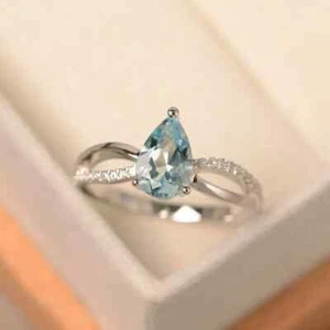 1.25Ct pear cut Natural Aquamarine &Diamond Engagement Ring 14K Solid White Gold - Picture 1 of 6