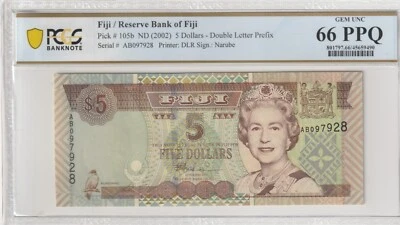 Fiji 2002 5 Dollars PCGS Certified Banknote UNC 66 PPQ Pick 105b - Image 1 of 2