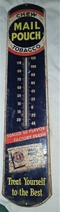 ANTIQUE USA MAIL POUCH TOBACCO THERMOMETER CIGARETTES METAL TIN SMOKING ART SIGN - Picture 1 of 12