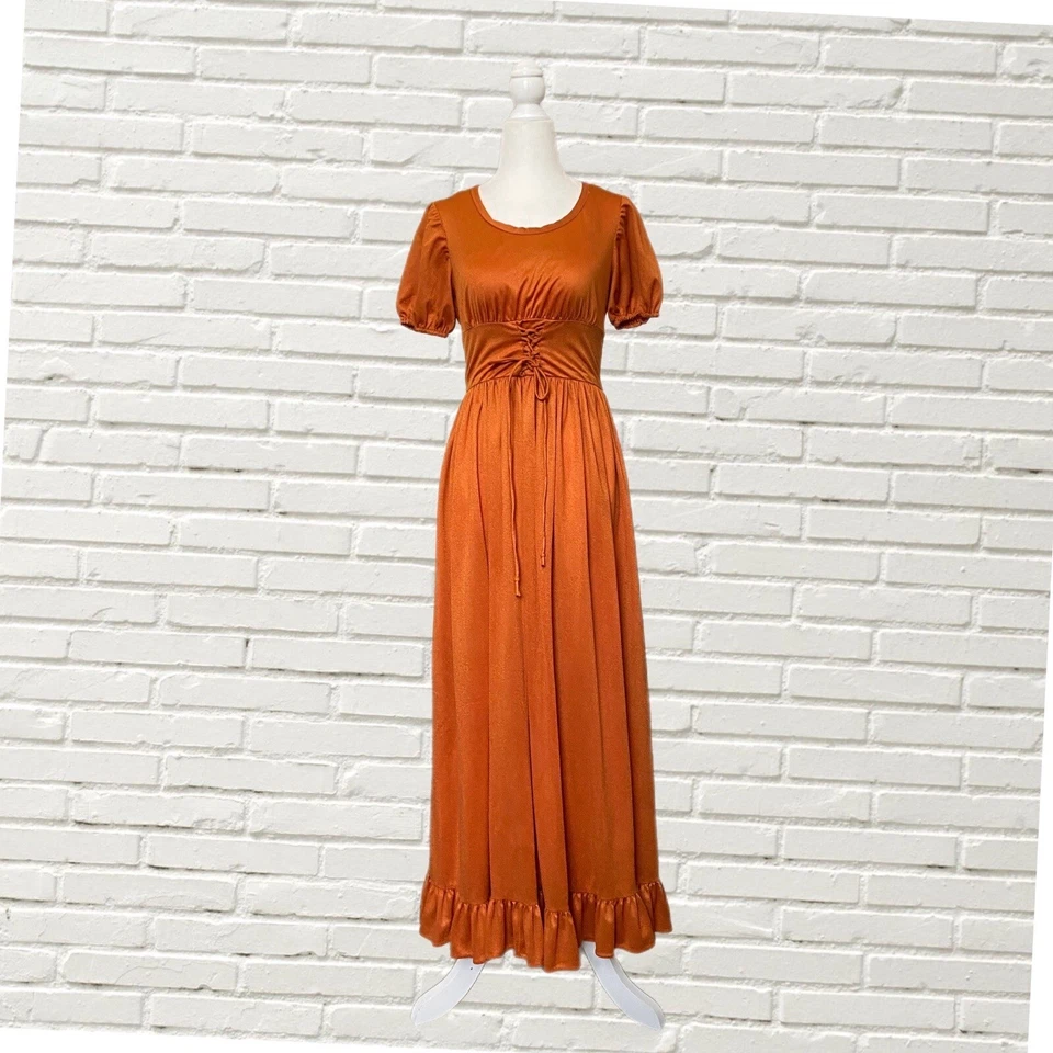 Vintage 60s70s  Maxi Corset Dress Copper Ruffle Hem Metallic Dress Xs Hippie - Image 1 of 4