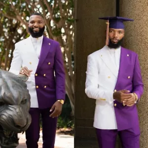 Traje para hombre con bloqueo de color blanco + púrpura chaqueta de doble pecho moda informal - Imagen 1 de 12