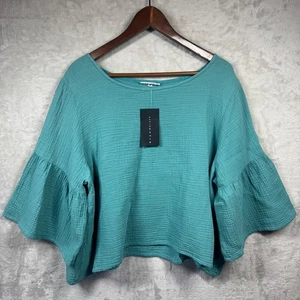 BRYN WALKER NEW Top M Frida Texture Cotton Gauze Cropped 3/4 Bell Sleeve Green - Picture 1 of 9