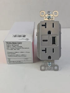 Receptáculo de carga USB comercial Pass & Seymour - 20A tipo A C gris   - Imagen 1 de 2