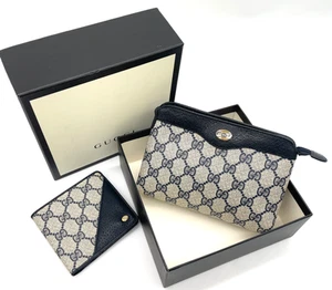 Auth Gucci GG Supreme PVC Leather Navy Wallet/ Pouch Set of 2 NS061725 - Picture 1 of 20