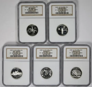 5 Coin Set 1999-S State Quarter 25C Silver PF 69 Ultra Cameo NGC DE PA NJ GA CT - Picture 1 of 2