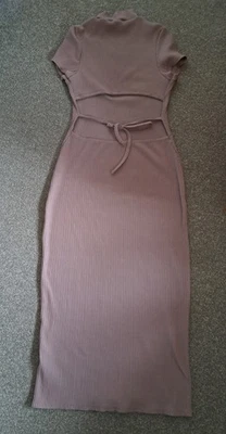 Tan MISS SELFRIDGE ribbed maxi stretch dress cut out back Size UK 12 Petite - Image 1 of 4