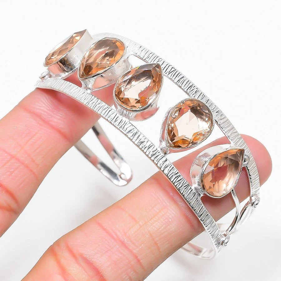 Peach Morganite Gemstone 925纯银珠宝袖口手链可调节 — 第 1/1 张图片