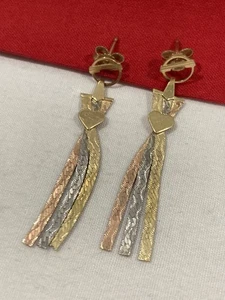Vintage 14k Solid Yellow White & Rose Tricolor Gold Herringbone Heart EARRINGS - Picture 1 of 18