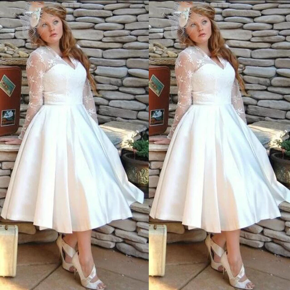 Vestidos de novia satinados blancos hasta el té vintage mangas largas marfil vestidos de novia Foto 1 de 4