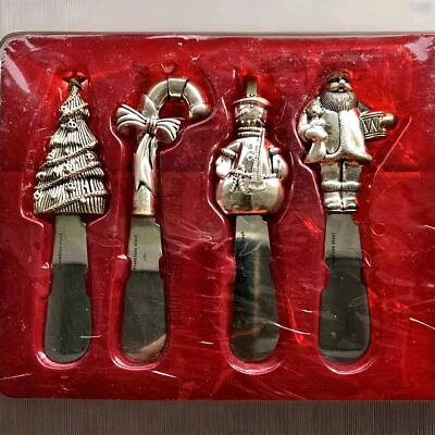Cuchillo esparcidor de queso plateado Wallace de Navidad de colección juego de 4 caja original ¡Bonito! Foto 1 de 4
