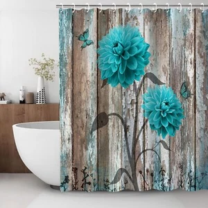 Teal Floral Shower Curtain Farmhouse Turquoise Blue Flower Shower Curtains Se... - Picture 1 of 9