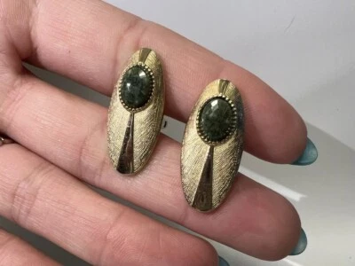 Gemelos de jade modernos Swank Mid Century vintage. Relleno de oro. Foto 1 de 4