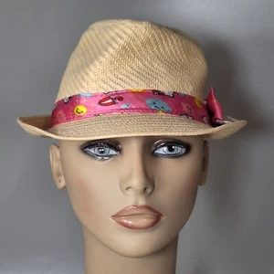 Hello Kitty Fedora Straw Hat for Kids Size OSFM Pink Silky Band Bow Weather HTF - Picture 1 of 9