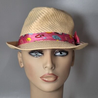 Соломенная шляпа-федора Hello Kitty для детей размер OSFM розовая шелковистая лента бант погода трудно найти - Изображение 1 из 4