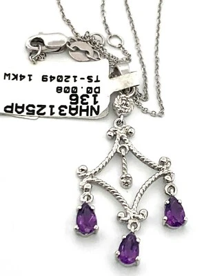 14k White Gold Dainty Dangle Charms Amethyst & Diamond Pendant Necklace - Image 1 of 4