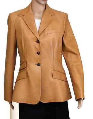 Blazer de diseñador de cuero de cordero real tostado formal elegante hecho a mano fiesta para mujer Foto 1 de 4