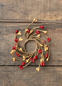 Pip Berry Taper Candle Rings Set/2 Cherry Red Tan 1-1.5 in Primitive Decor - Picture 1 of 5