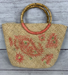 Straw Woven Purse Handbag Bamboo Handles Embellished Paisley Summer Bag Coral