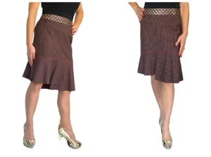 BLUMARINE Italy Plaid Brown Trumpet Ruffle Hem Wool Silk Skirt 44 US 8 - Picture 1 of 11