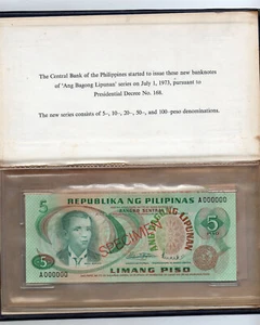 1973 PHILIPPINE 5 10 20 50 100 ABL Piso Specimen Notes set P153-157 UNC BSP Book - Picture 1 of 8