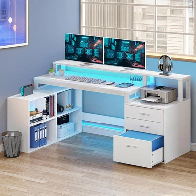 White 65 inch L Shaped Desk Corner Desk Home Office Desk with Storage Shelves - Image 1 of 4