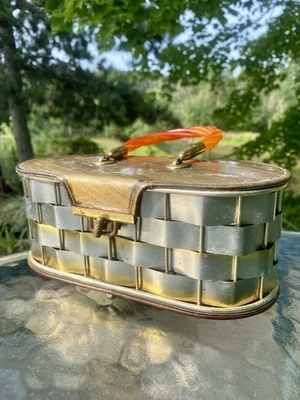 Vintage 1940’s Late Deco Metal Basket-Weave Oval Box Purse with Lucite Handle - Image 1 of 4