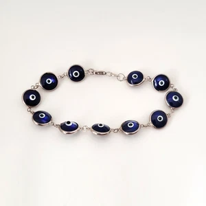 Silver 925 Bracelet with Blue Enamel Eye Protection Beads  7.5" L - Picture 1 of 4