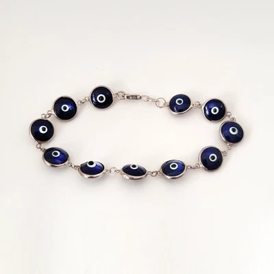 Silver 925 Bracelet with Blue Enamel Eye Protection Beads  7.5" L - Image 1 of 4