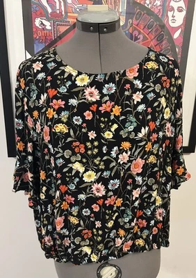 LOFT Black Colorful Wildflower Floral Half Sleeve Blouse Ruffle Detail Blouse XL - Image 1 of 4