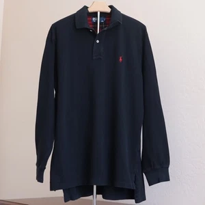 Polo Ralph Lauren Rugby Shirt L Black Plaid Collar Long Sleeve Preppy Y2K - Picture 1 of 12