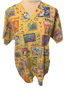 HQ Scrubs Pet Shop Scrub Top Yellow W Puppies Bunnies & More Size XL - Picture 1 of 4