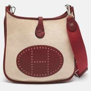 Hermes Rouge H/Beige Taurillon Clemence Leather and Canvas Evelyne III PM Bag - Picture 1 of 10