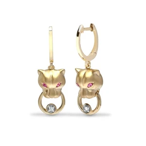 9ct Gold Jewelco London Diamond Pink Sapphire Panther Door Knocker Drop Earrings - Picture 1 of 3