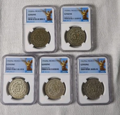 Lot Of 5 1958, 1959,  1966 (x2), 1967 Mo Mexico Peso Silver NGC Graded Genuine - Image 1 of 4