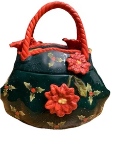 Christmas Purse Cookie Jar Ceramic Poinsettia & Holly Holiday Decor Red Green - Picture 1 of 9