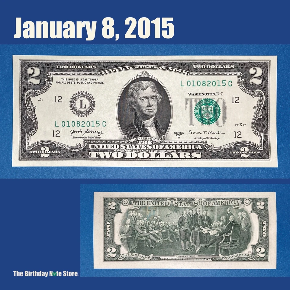January 8, 2015 Birthday Anniversary $2 Two Dollar Bill Serial Number 01082015 - Image 1 of 2