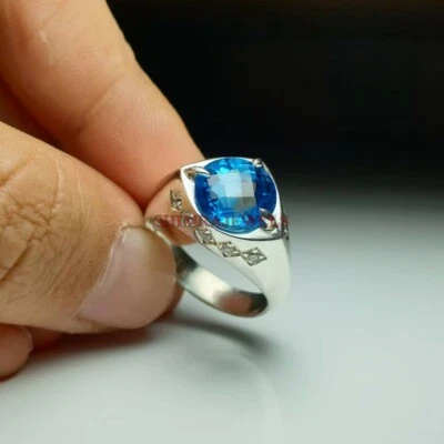 Anello In Argento Sterling 925 Con Gemma Di Topazio Blu Naturale Per Uomo #623 - Immagine 1 di 4