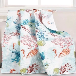 Coastal Quilted Throw Blanket For Couch Blue White Shell Coral Chair Bed Cover - Picture 1 of 5