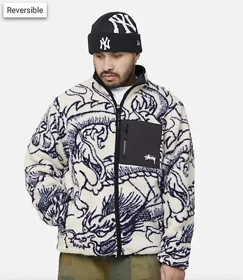 Stussy Dragon White Sherpa Reversible | Grelly UK