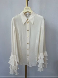 Vintage Escada Ivory Blouse – Gold Buttons & Tiered Ruffle Sleeves – Size 44 - Picture 1 of 5